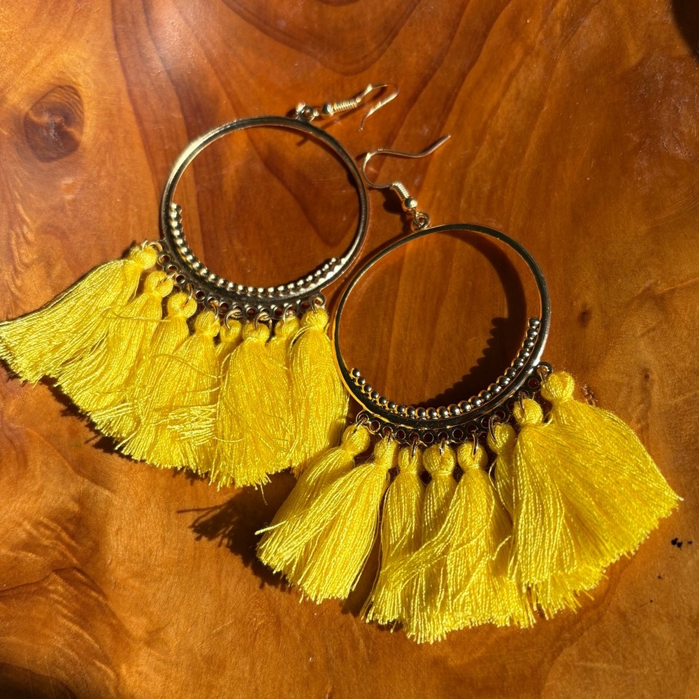Gold Hoop Earrings with Yellow Tassels - Women Jewelry
